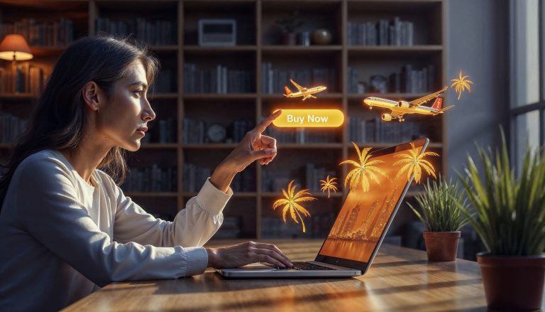Woman using AI to plan and book travel online — flights and destinations appear as glowing holograms from laptop screen
