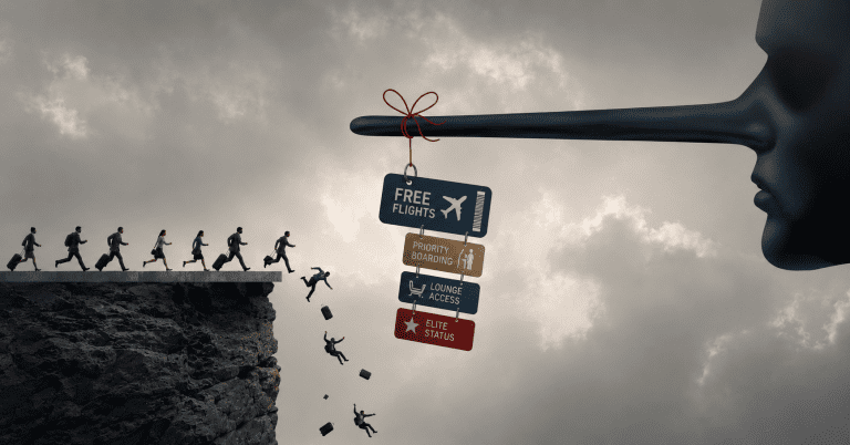 Pinocchio nose dangling airline loyalty promises — free flights, priority boarding, lounge access and elite status — as passengers run off a cliff