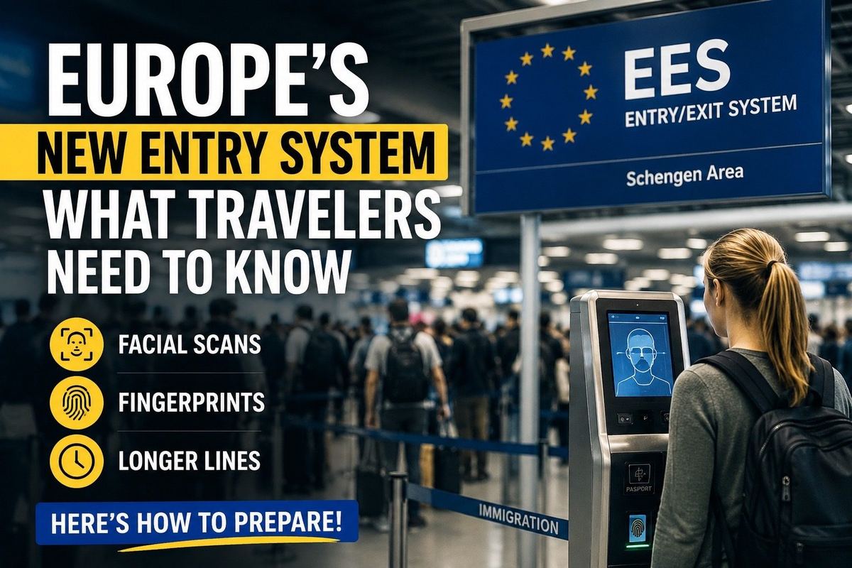 Traveler at Europe EES Entry/Exit System biometric passport kiosk in Schengen airport — facial scan and fingerprint border control 2026