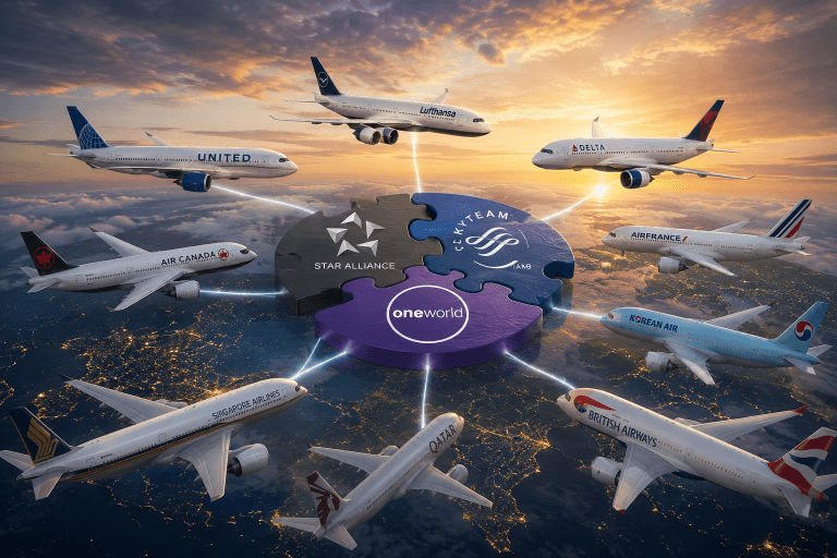 Airlines from Star Alliance, SkyTeam, and oneworld — including United, Lufthansa, Delta, Air France, Singapore Airlines, Qatar Airways, and British Airways — converging above a nighttime Earth