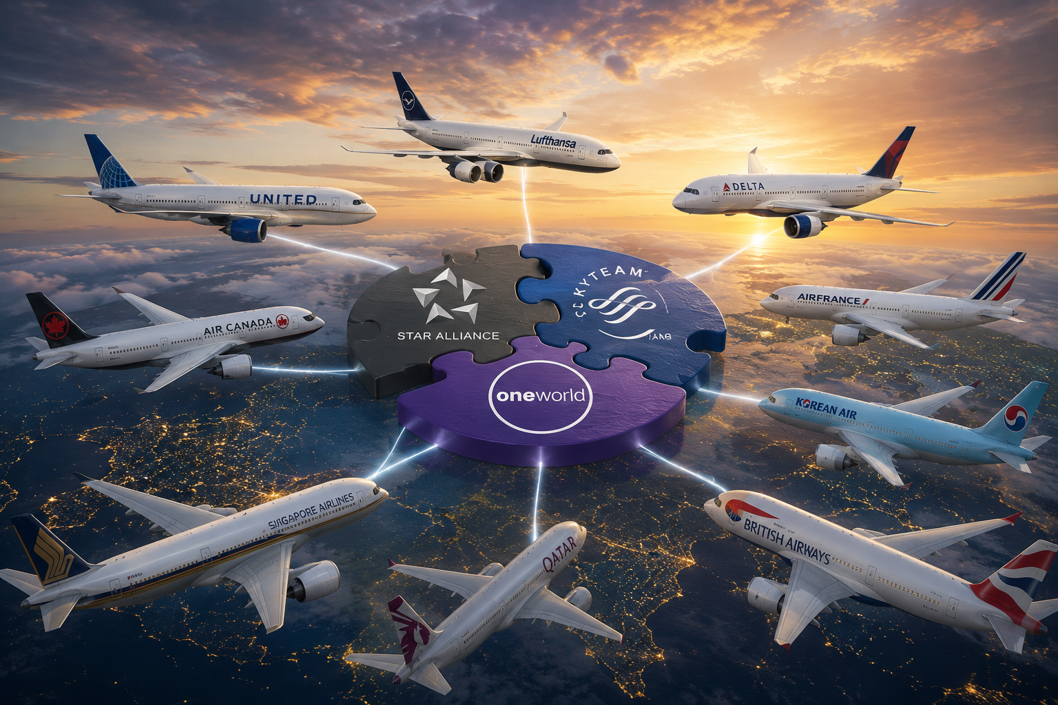 Airlines from Star Alliance, SkyTeam, and oneworld — including United, Lufthansa, Delta, Air France, Singapore Airlines, Qatar Airways, and British Airways — converging above a nighttime Earth