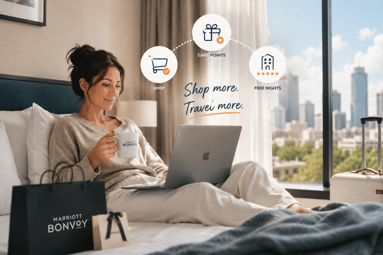 Woman shopping online in a Marriott hotel room, earning Marriott Bonvoy points through the shopping portal to redeem for free nights