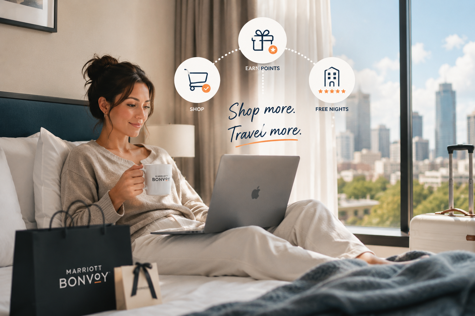 Woman shopping online in a Marriott hotel room, earning Marriott Bonvoy points through the shopping portal to redeem for free nights