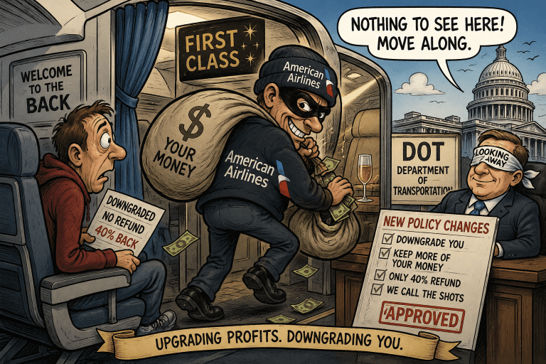 American Airlines downgrade cartoon — passenger bumped to coach while airline keeps money and DOT looks away