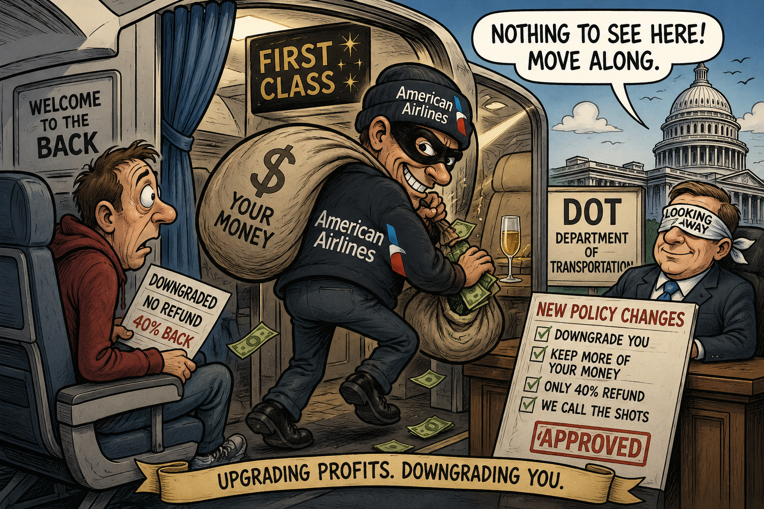 American Airlines downgrade cartoon — passenger bumped to coach while airline keeps money and DOT looks away