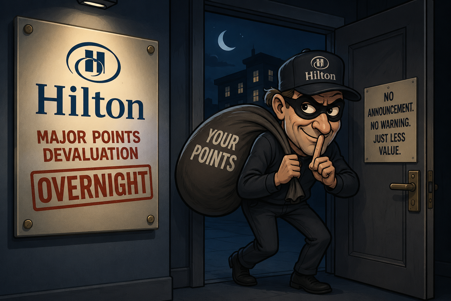 Cartoon burglar in a Hilton cap sneaks out overnight carrying a bag labeled Your Points