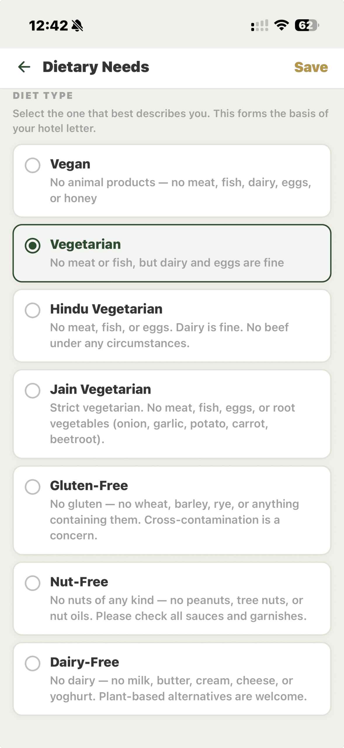 InnTable app screenshot — choosing a diet type from seven presets including Vegan, Vegetarian, Hindu Vegetarian, Jain Vegetarian, Gluten-Free, Nut-Free and Dairy-Free