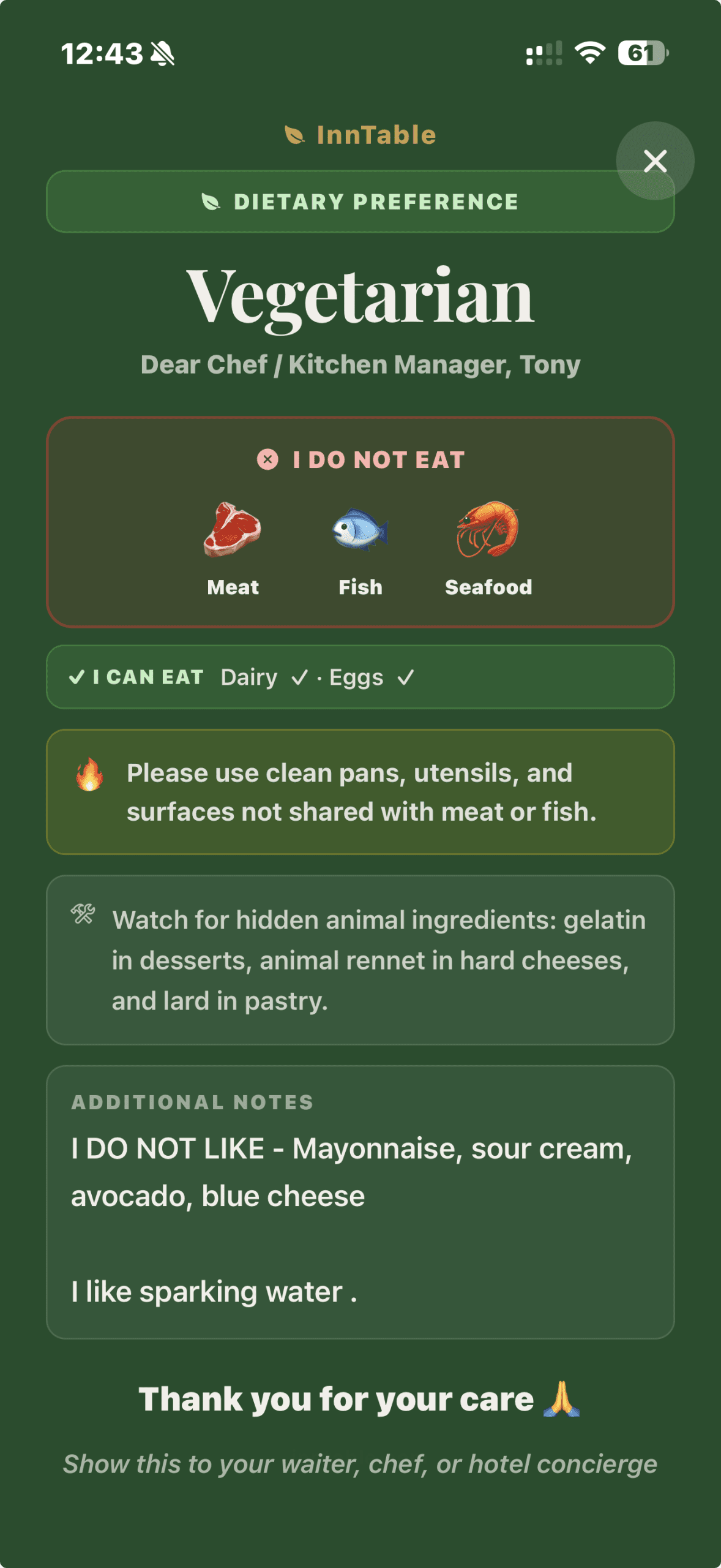 InnTable Dining Card screenshot — shows hotel chefs and waiters exactly what you do and do not eat, with cross-contamination notes