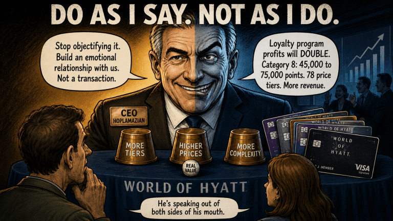 Political cartoon of World of Hyatt CEO speaking out of both sides of his mouth — telling members to stop being transactional while doubling loyalty program profits in 2026