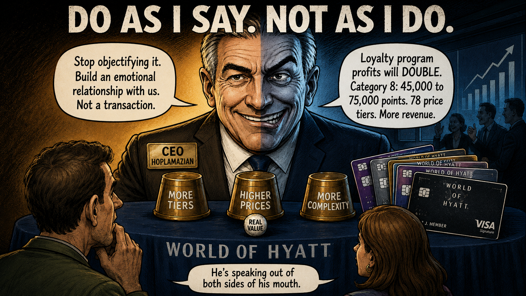Political cartoon of World of Hyatt CEO speaking out of both sides of his mouth — telling members to stop being transactional while doubling loyalty program profits in 2026